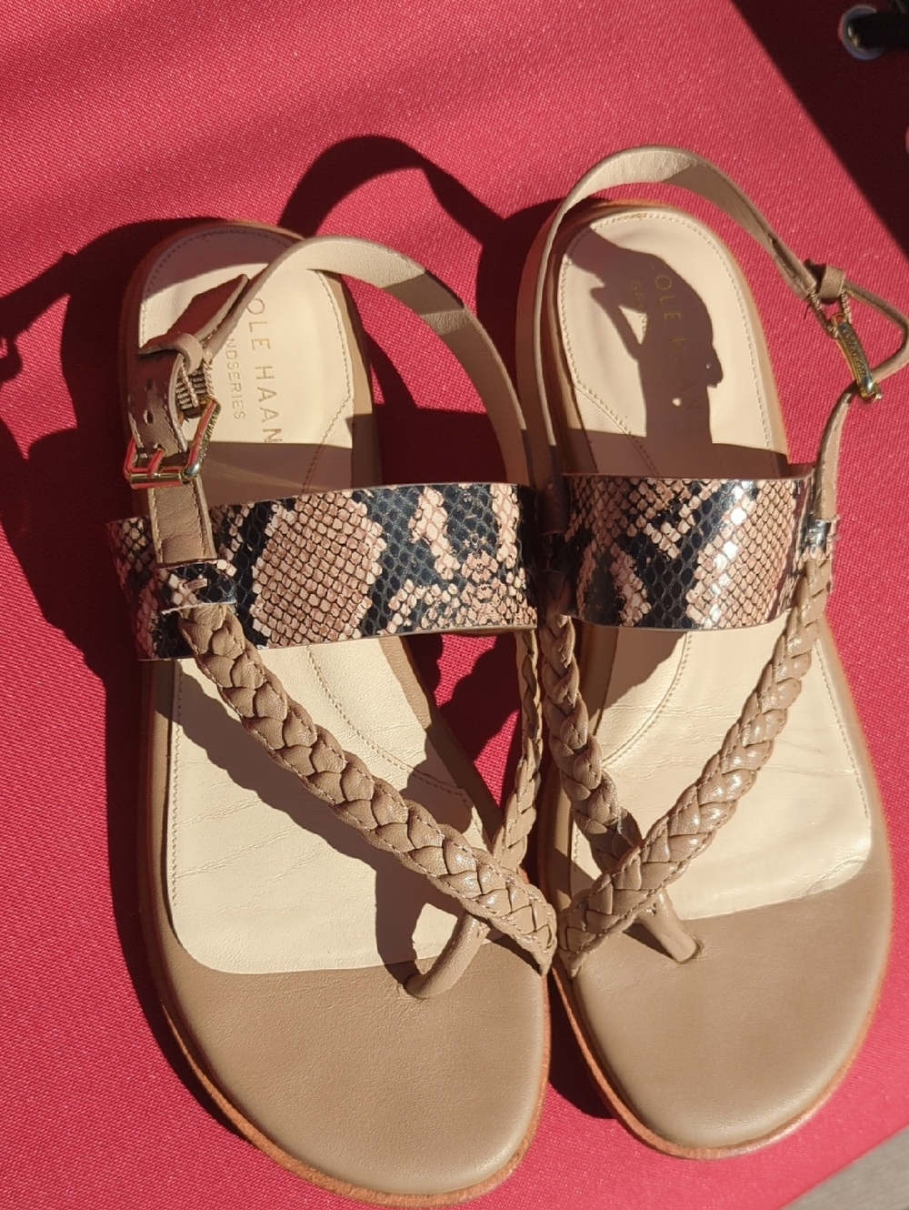 Cole Haan Braided Thong Sandals with Snake-Print Strap in Tan
